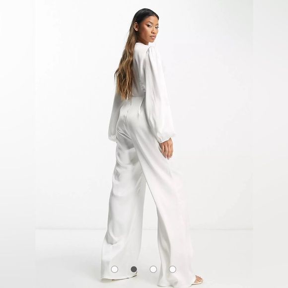 Plunge front satin jumpsuit w balloon sleeves. Wore for a few hours. Dry cleaned - Picture 3 of 4